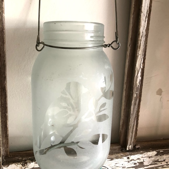 7448 Candle Holder Jar Frosted Bird Pattern Outtake Embellished Jar - Picture 4 of 7